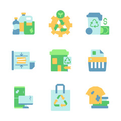 Sticker - Trash and waste disposal vector flat color icon set. Recycling and waste management. Environmental protection. Cartoon style clip art for mobile app pack. Isolated RGB illustration bundle