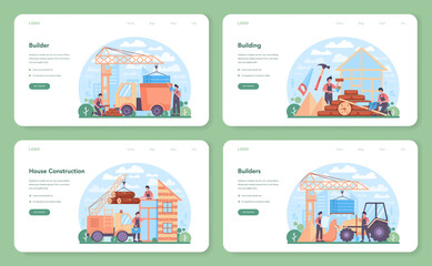 Poster - House building web banner or landing page set. Workers constructing home