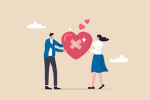 Forgiveness To Keep Relationship Last Long, Togetherness Or Love Couple Concept, Happy Man And Woman, Husband And Wife With Bandage On Broken Heart Shape As Forgiveness Symbol.