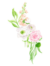 Watercolor Flower Arrangement. Hand Drawn Floral Border Composition Isolated On White Background. Pink, Blush And White Flower Buds For Wedding Invitations, Cards, Wreaths, Textile Design.