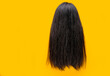 © Artinun - Damaged hair isolated on yellow background. Dry and brittle hair problem. Black long hair with dry texture. Asian woman with weak and brittle hair need treatment conditioner and spa. Unhealthy hair.