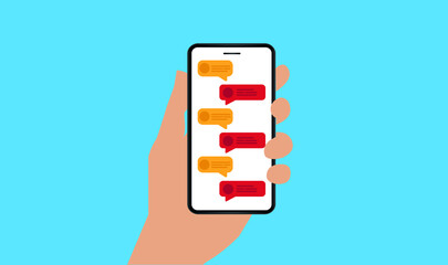 Poster - Hand holding Mobile phone with text bubbles on the screen. Vector illustration