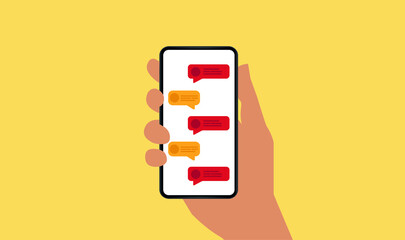 Poster - Hand holding Smartphone with text bubbles on the screen. Vector illustration