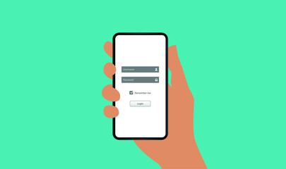 Poster - Log in screen. Mobile application interface, registration form with login and password fields.