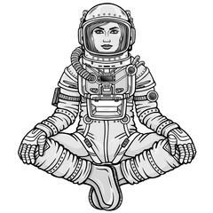 Wall Mural - Animation figure of the woman astronaut sitting in a Buddha pose. Meditation in space.  Monochrome drawing. Vector illustration isolated on a white background.  Print, poster, t-shirt, card.