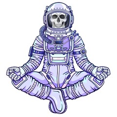 Wall Mural - Animation figure of the astronaut skeleton sitting in Buddha pose. Meditation in space. Color drawing. Vector illustration isolated on a white background. Print, poster, t-shirt, card.