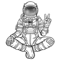Wall Mural - Animation figure of the astronaut sitting in a Buddha pose. Meditation in space.  Vector illustration isolated on a white background. Be use for coloring booke. Print, poster, t-shirt, card.