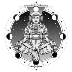 Wall Mural - Animation figure of the woman astronaut sitting in Buddha pose. Meditation in space. Background - the night sky, phases of the moon.Vector illustration isolated. Print, poster, t-shirt, card.