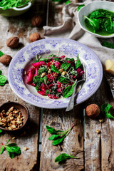 Canvas Print - Beet pasta with spinach pesto .style rustic