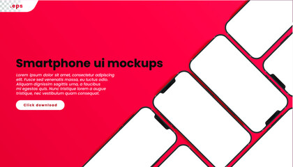 Flat isometric realistic smartphones with blank screens grid and red background. Empty screen phone template for inserting UI UX interface or business presentation. Floating 3d vector mock up design.