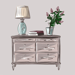 Wall Mural - Glass vase with a flower and a vintage table lamp with a lampshade, a stack of books on a wooden chest of drawers in the interior. Interior Design. Isolated vector objects.