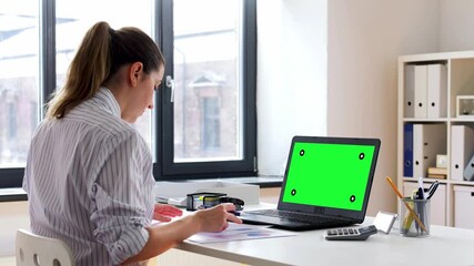 Poster - remote job, technology and people concept - happy smiling young woman with green screen on laptop computer working at home office