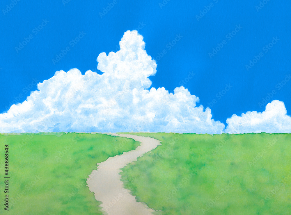 緑の草原に青空と夏雲水彩画 の Stock イラスト | Adobe Stock