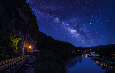 Wall Mural - milky way galaxy, on the railway by the river and mountains. long exposure photograph, with grain.im