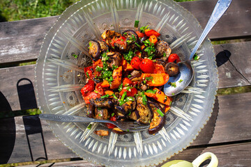 Wall Mural - Fresh fried on the grill vegetable salad in a vintage dish on a wooden table in nature.