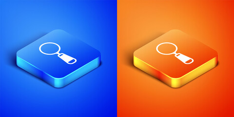 Sticker - Isometric Magnifying glass icon isolated on blue and orange background. Search, focus, zoom, business symbol. Square button. Vector