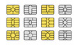 EMV chip. Credit and debit card elements. Vector flat icon set. Smart card golden and silver microchips for terminals and atm. Contactless nfc secure payment technology. Isolated objects