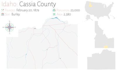  Large and detailed map of Cassia county in Idaho, USA.