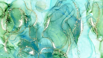 Wall Mural - alcohol ink abstract background with teal accent, dry liquid texture with gold design elements, hand