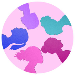 Wall Mural - Multiethnic women communicate inside round, vector illustration. Female faces of diverse cultures in propfile