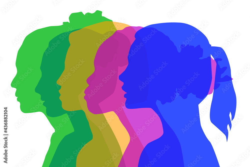 PrintMultiethnic women communicate, vector illustration. Female faces of diverse cultures in propfile - obrazy, fototapety, plakaty 