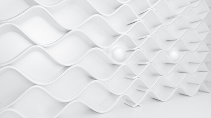 Fototapete - White ceramic Interior waves wall decoration with cycle balls or circular background for product, Minimal white geometric wallpaper and white wavy panel texture background.