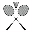 Flat black badminton racket and shuttlecock black silhouettes, vector illustration isolated on white background. Essential badminton sport game equipment.