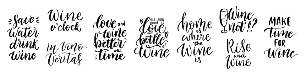 Wine vector quote set. Positive funny sayings for poster in cafe and bar, t shirt design. Kitchen funny typography poster set about love for wine. Vector illustration isolated on white background