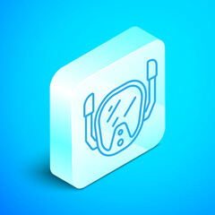 Sticker - Isometric line Diving mask icon isolated on blue background. Extreme sport. Diving underwater equipment. Silver square button. Vector