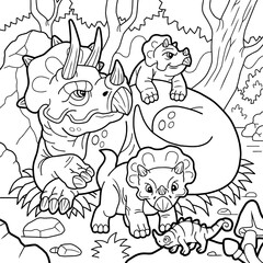 Wall Mural - cartoon cute triceratops dinosaurs, coloring page, outline illustration