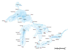 Vector Map Of The Great Lakes, USA, Canada