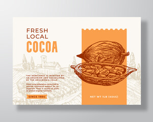 Wall Mural - Premium Natural Cocoa Beans Label Template. Abstract Vector Packaging Design Layout. Modern Typography Banner with Hand Drawn Plant and Rural Landscape Background. Isolated