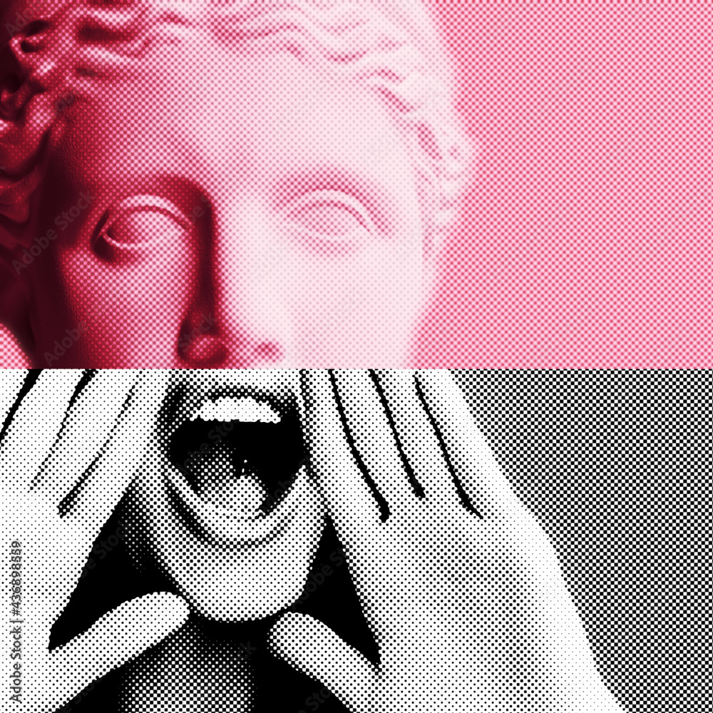 Contemporary collage of plaster statue head in pop art style tinted pink and emotional fashion young woman screaming like in megaphone holding hands near her face with open mouth. - obrazy, fototapety, plakaty 