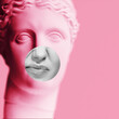 Contemporary collage of plaster statue head in pop art style tinted pink and emotional fashion young woman with dislike or skeptical facial expression