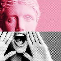 contemporary collage of plaster statue head in pop art style tinted pink and emotional fashion young