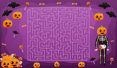 Wall Mural - Halloween labyrinth with cute pumpkin character, help to find right way to sweets, flying bats on purple background, colourful printable worksheet for kids in cartoon style