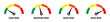Set of colorful speedometer icons. Speedometer or tachometer signs. Speed indicator, scale from green to red. Risk meter. Minimum to maximum on speedometer.