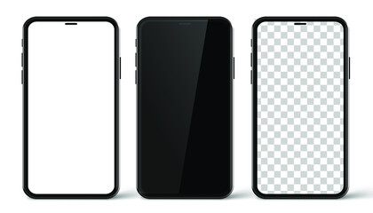 Poster - Three realistic smartphone mockup set. Mobile phone blank, white, transparent screen design on white background. Vector illustration