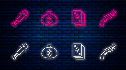 Sticker - Set line Money bag, Playing cards, Baseball bat with nails and Police shotgun. Glowing neon icon on brick wall. Vector