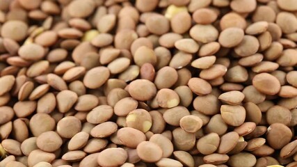 Wall Mural - Heap of lentils rotating close up macro view, source of plant-based protein and fiber, selective focus