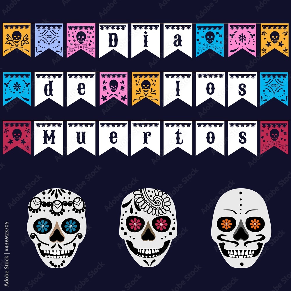 Day of the dead banner with flags and mexican flowers. Dia de los ...