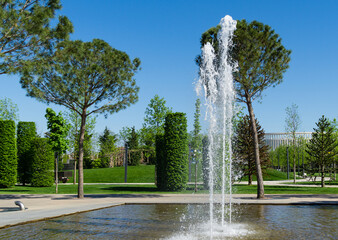 Fountain Three streams turning into complex of fountains Pergola with Italian stone pine tree (Pinus pinea) pines in city park Krasnodar or Public landscape 'Galitsky park'.