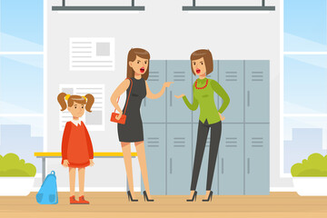 Wall Mural - Two Women Shouting at Each Other at School Hall, Mother Upset of her Daughter Behavior Having Dispute with Teacher Vector Illustration