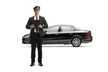 Poster - Full length portrait of a chauffeur man holding a clipboard in front of a black car