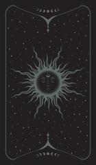 Wall Mural - magical dark vector background. esoteric sketch tattoo boho sun with face, surrounded stars. mystica