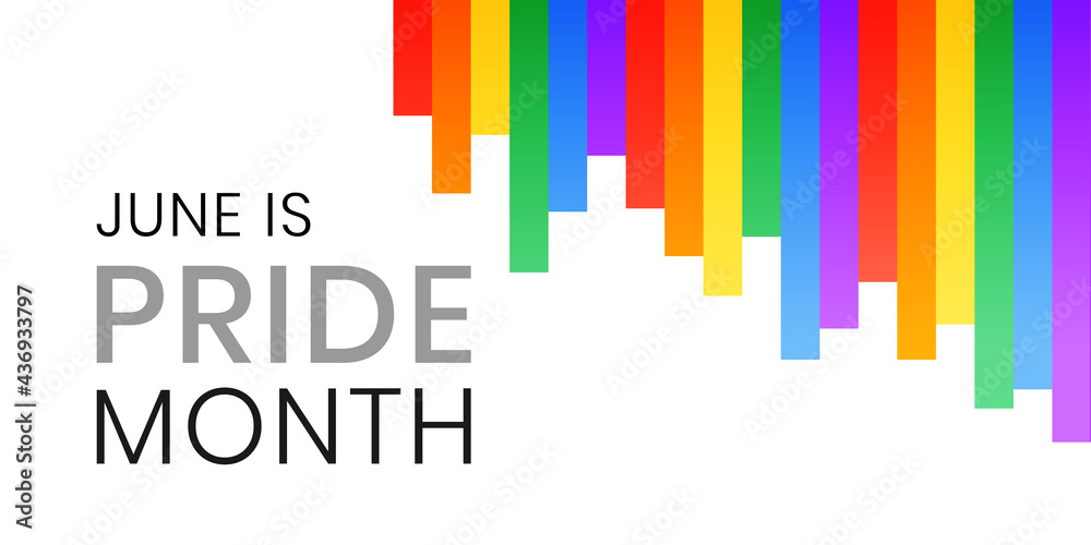 LGBT Pride month, annual celebration in June. Lesbian Gay Bisexual Transgender Queer. Holiday of human rights and tolerance. Vector illustration of LGBTQ banner template at rainbow colors background - obrazy, fototapety, plakaty 