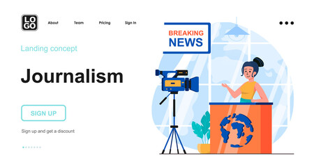 Aufkleber - Journalism web concept. Television news program, presenter talks in studio about world events. Template of people scenes. Vector illustration with character activities in flat design for website