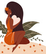 © LanaSham - Love yourself, body positive, self care concept. Beautiful black girl hugging a big pink heart. Isolated flat vector illustration with a female character with leaves and flowers.