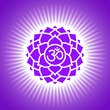 Chakra sahasrara. Purple shining yoga symbol. Om sign. Sacral icon