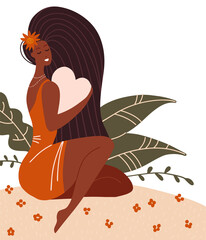 Love yourself, body positive, self care concept. Beautiful black girl hugging a big pink heart. Isolated flat vector illustration with a female character with leaves and flowers.